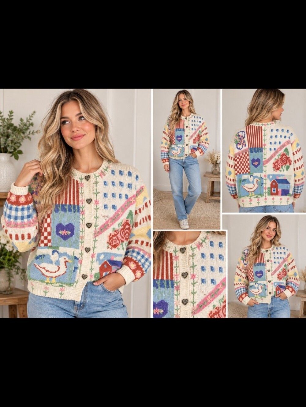 Vintage Voice of Europe Hand Knit Patchwork Cardigan Sweater Floral Cottage Folk